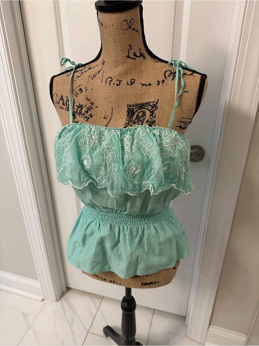 Guess Mint Green Embroidered Tie-Shoulder Top M